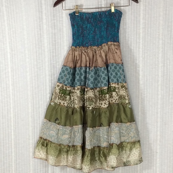 Vintage Dresses & Skirts - Vintage Boho Silk Sari Patchwork 2-Way Smocked Tube Dress / Maxi Skirt-XSmall